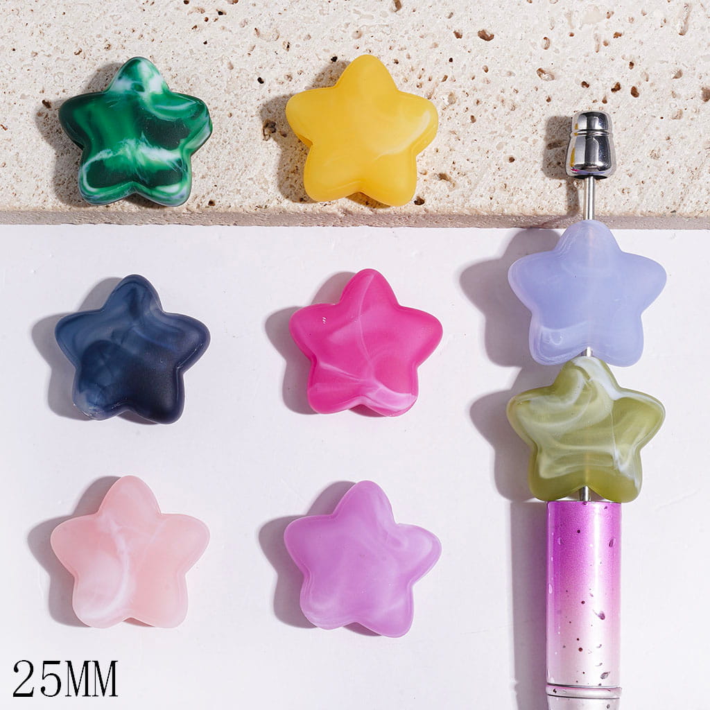Glossy Matte Five-Pointed Star Shaped With Mixed-Color Texture Big Hole Acrylic Beads, 25MM, Multicolor, Random Mix (The Bead Hole Diameter is Around 4MM)