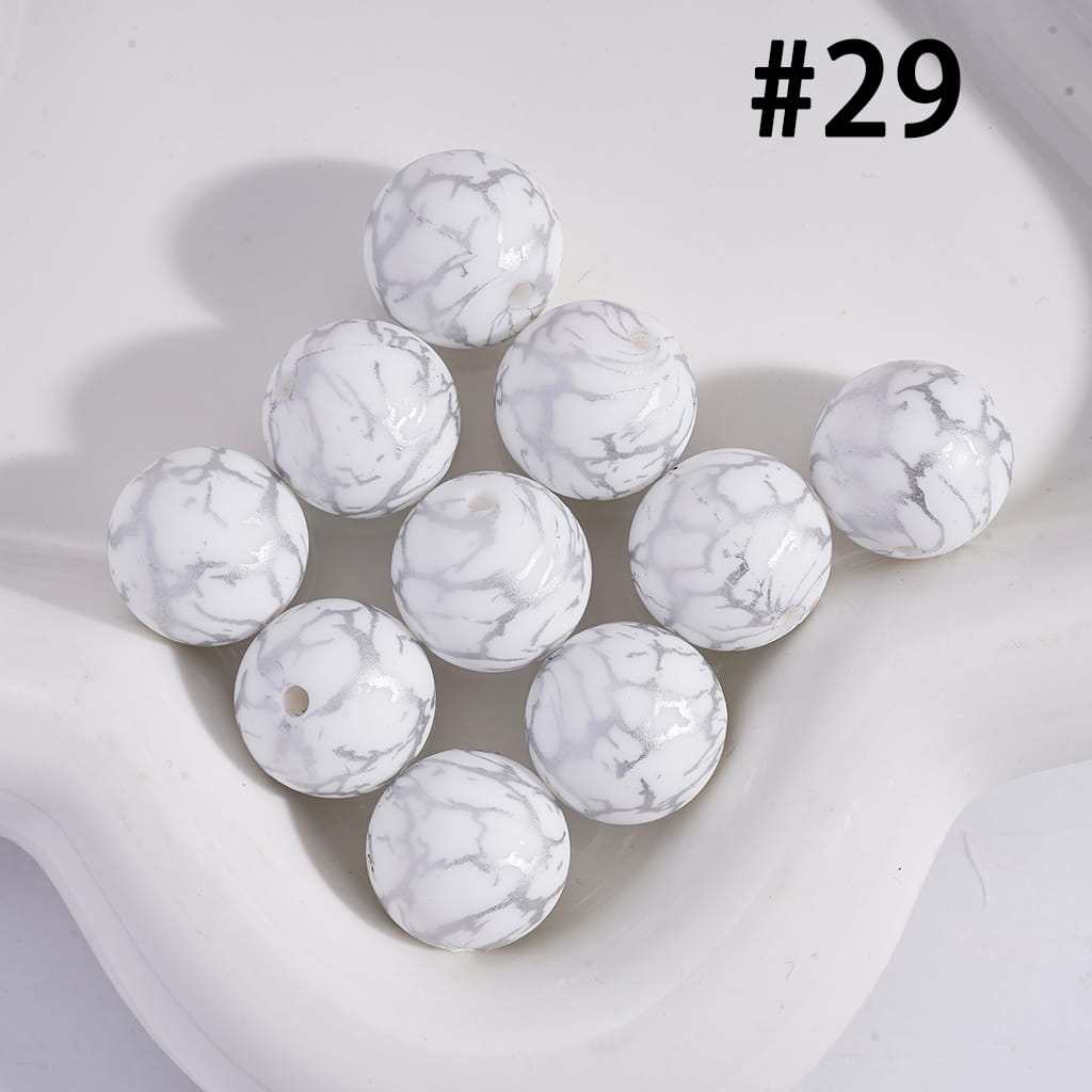 White Color Round Printed Silicone Beads with Silver-Colored Cracks, 15MM, Number 29