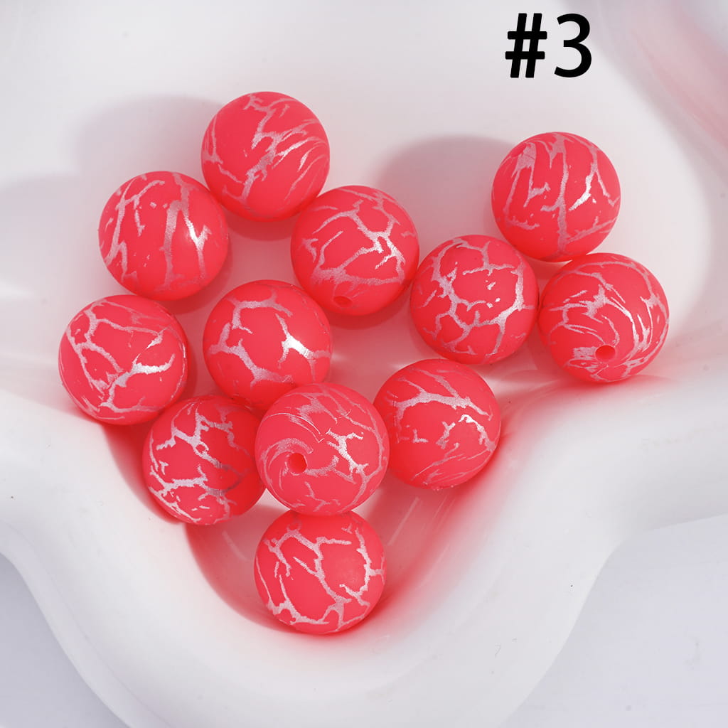 Peach Pink Round with Silver-Colored Cracks, Printed Silicone Beads 15MM, Number 3