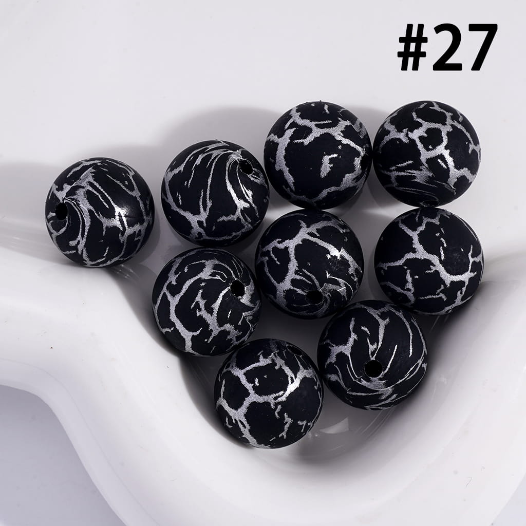 Black Color Round Printed Silicone Beads with Silver-Colored Cracks, 15MM, Number 27
