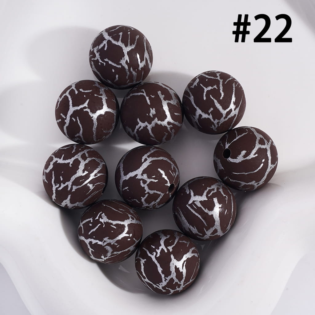 Brown Color with Silver-Colored Cracks, Round Printed Silicone Beads 15MM, Number 22