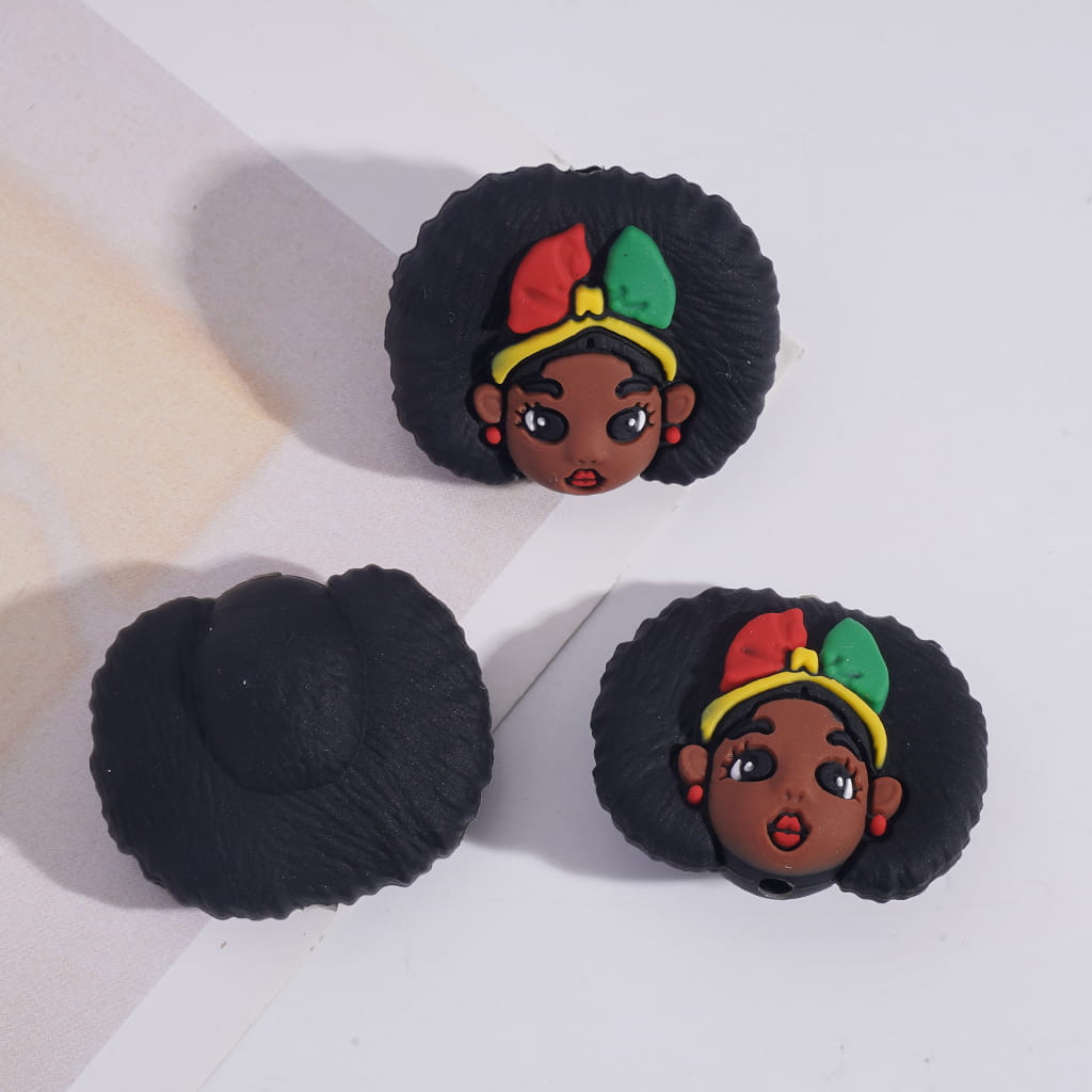 3D Black Girl Heart Round Design Black Series Silicone Focal Beads