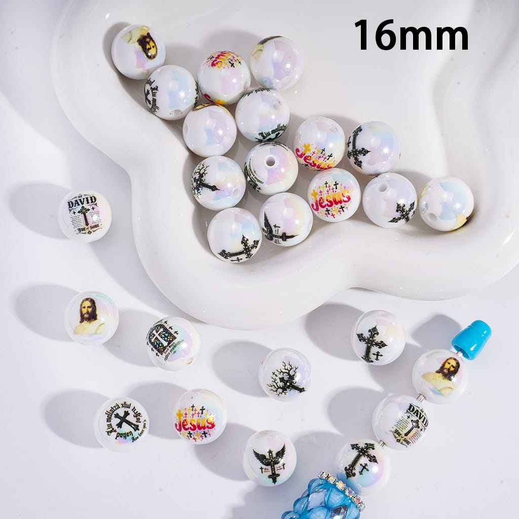 UV Coating w Religion Christianity Jesus Series Round Print Acrylic Beads for Bracelets 16MM, Random Mix