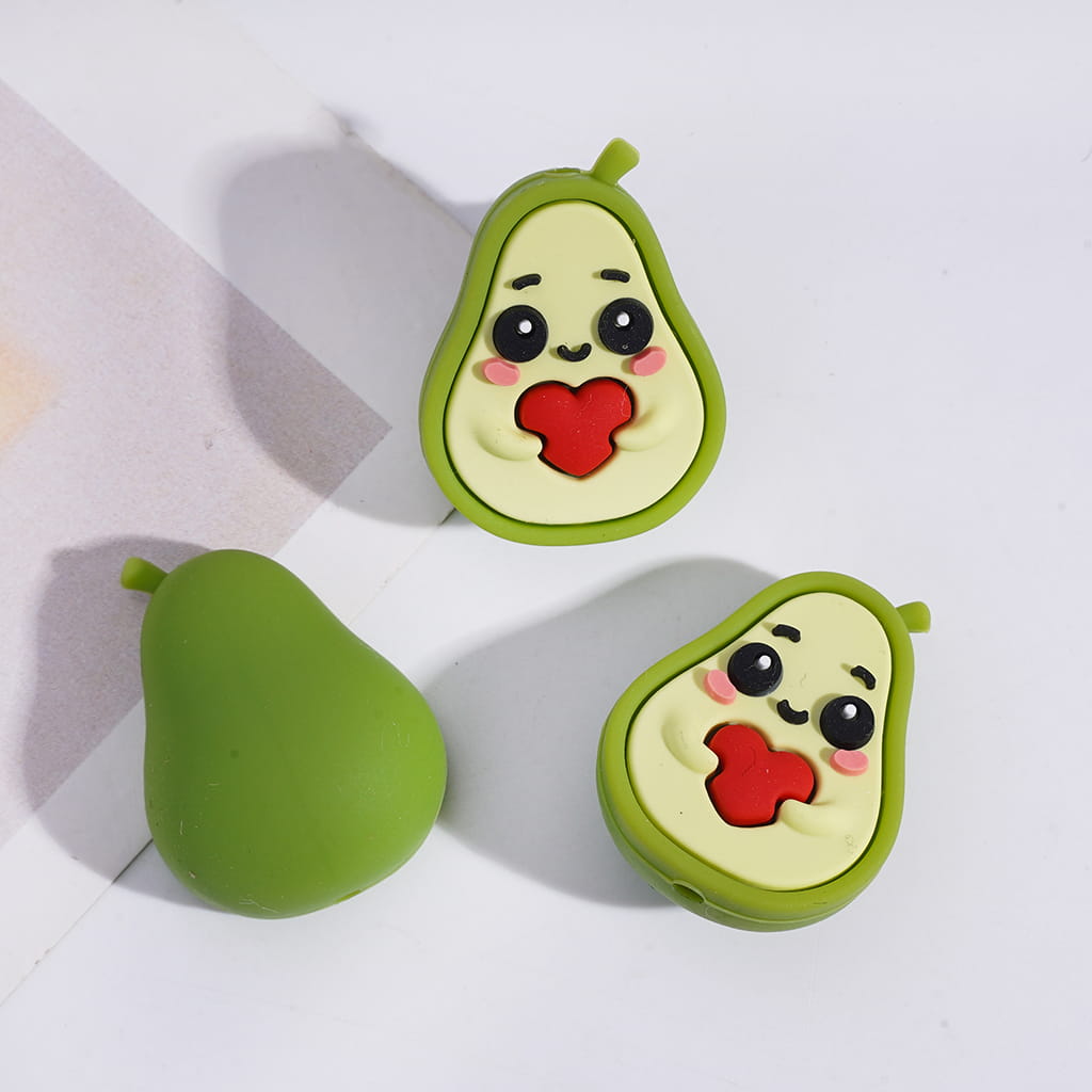 3D Cute Avocado with Red Heart Silicone Focal Beads