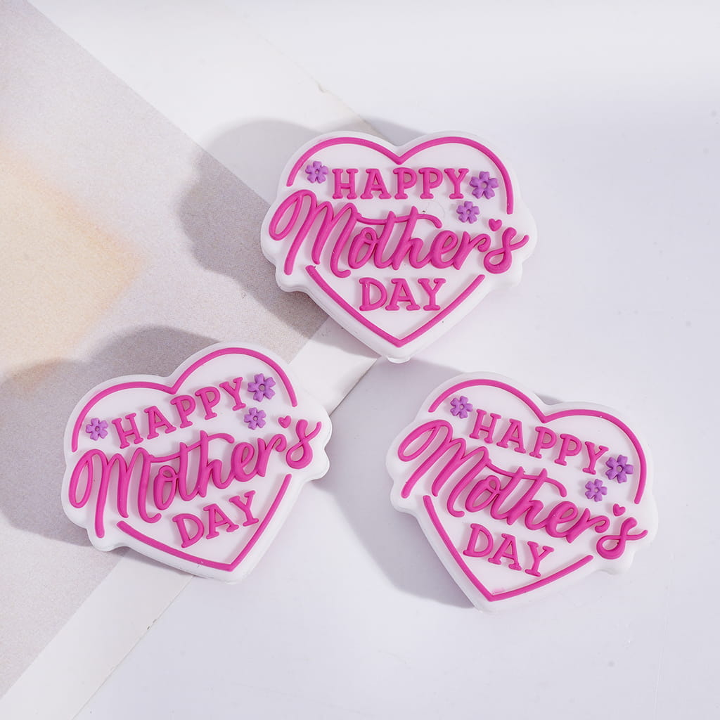 Happy Mother’s Day Heart with Purple Flowers Heart Shape Silicone Focal Bead