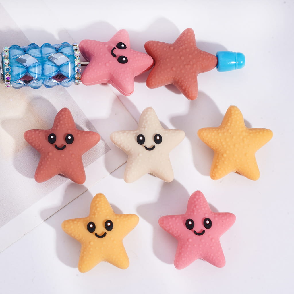 3D Happy Starfish in Various Colors, Silicone Focal Beads Random Mix