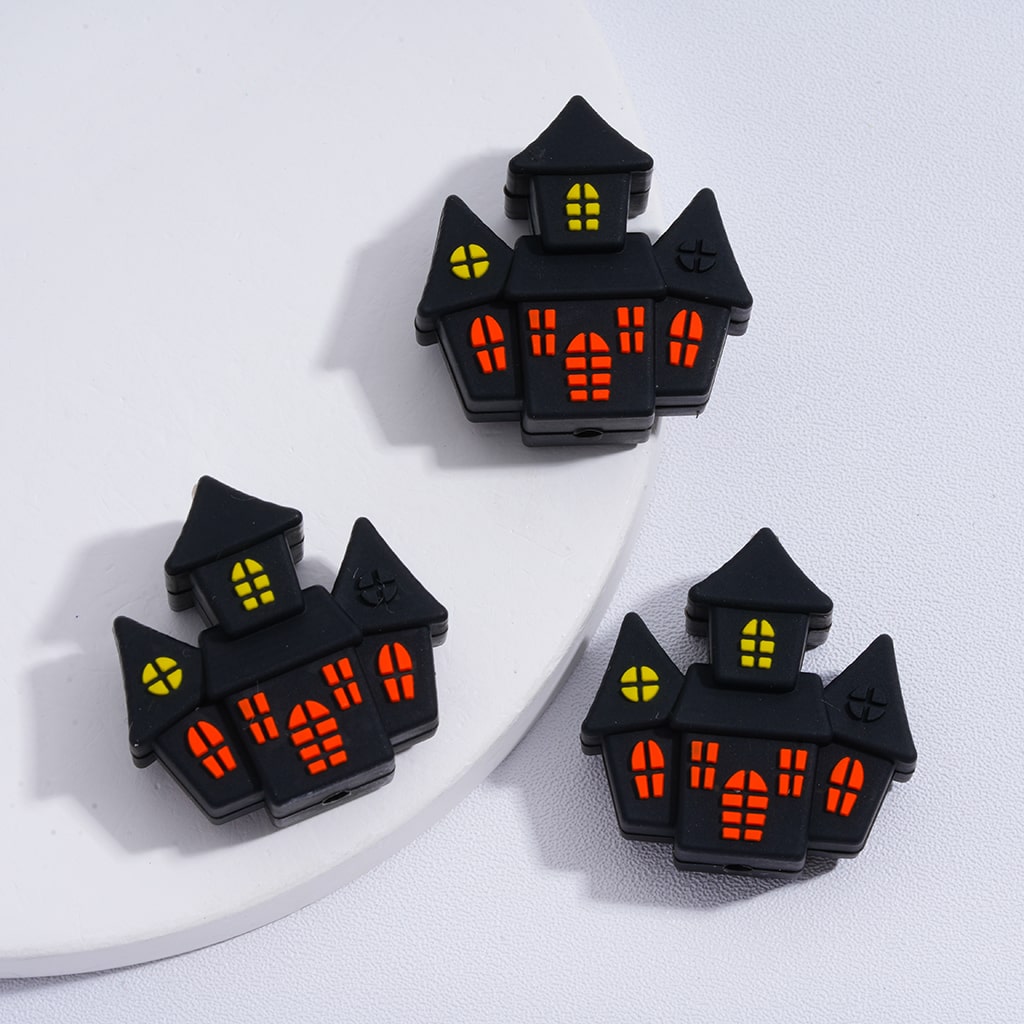 Black Haunted Ghost House Castle for Halloween Horror Theme 3D Silicone Focal Beads