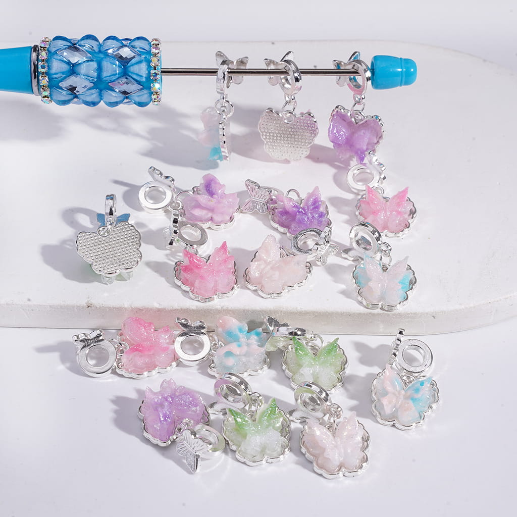 Silver Alloy Bail Beads with Ombre Glitter Multi-Color Butterfly Charms Random Mix