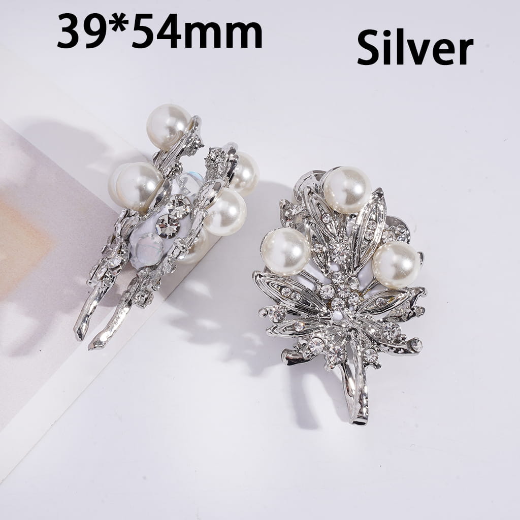 Gold & Silver Alloy Leaf Clay Beads with Clear Rhinestones & White Pearls, 39*54MM