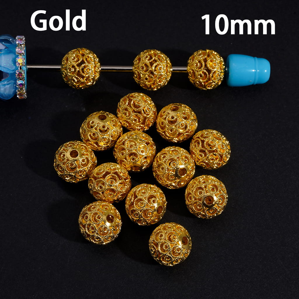 Silver & Gold Hollow Floral Scroll Pattern Metal Beads 10mm