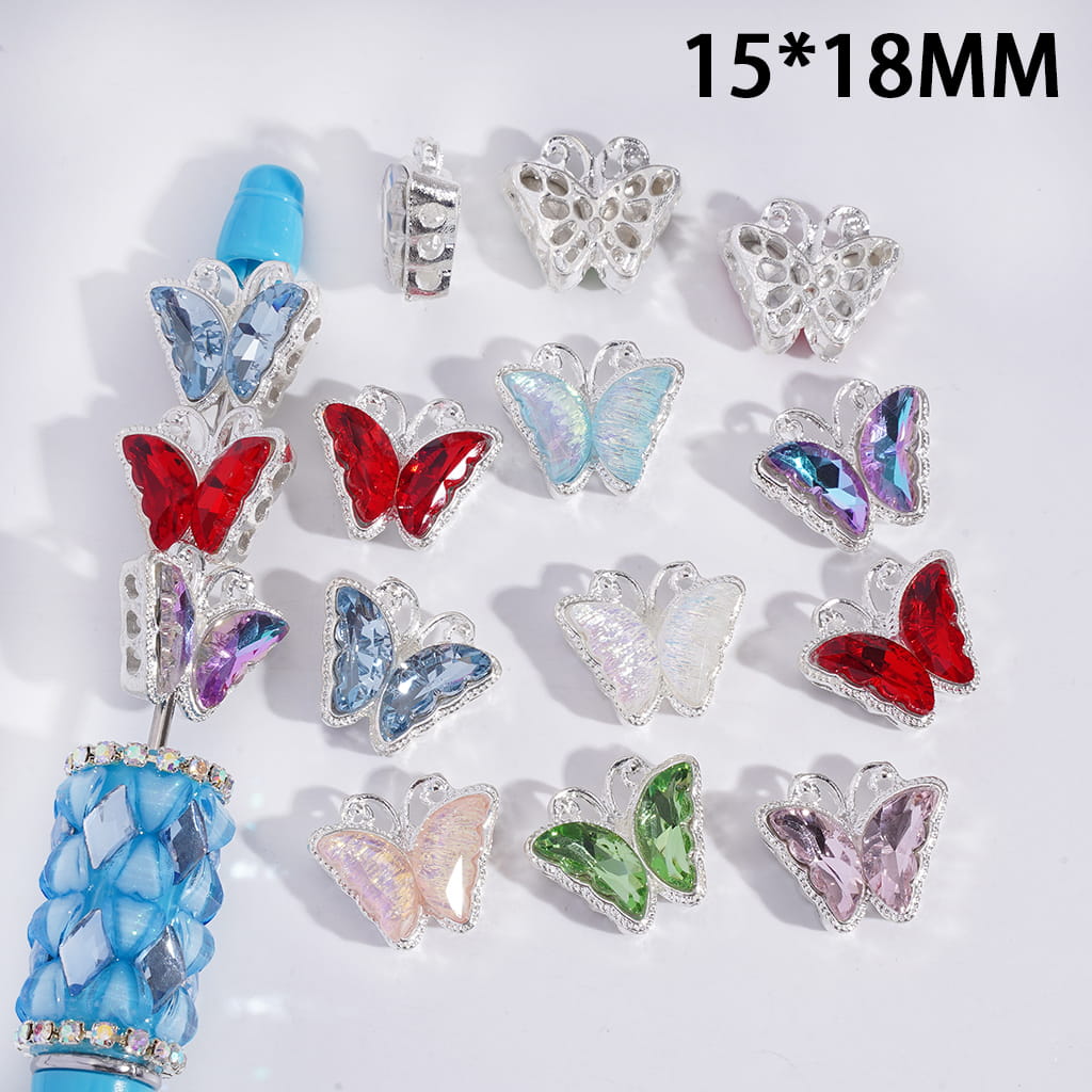 Butterfly with Two Rhinestones on Wings, Alloy Beads 15*18MM Random Mix
