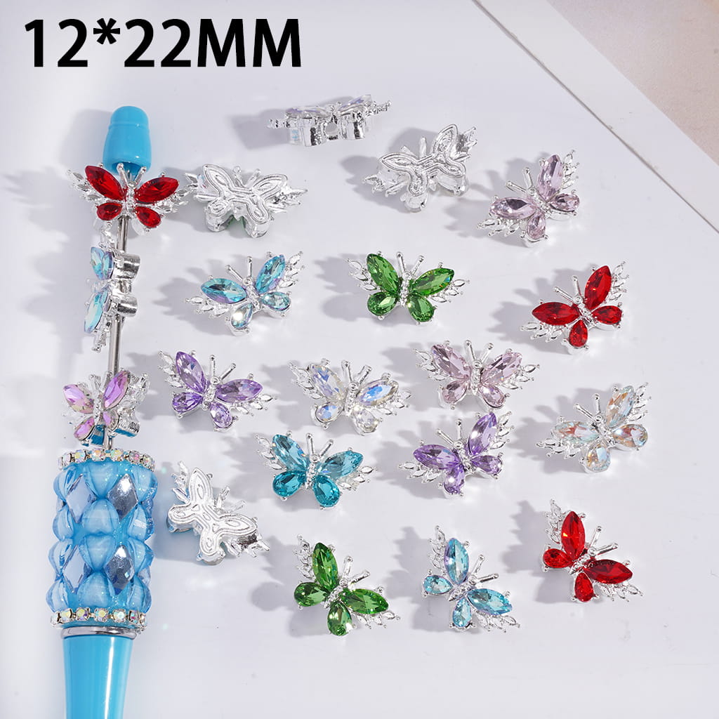 Vivid Butterfly with Four Rhinestones on Wings, Silver Metal Beads 12*22MM, Random Mix (The Hole is Horizontal and Vertical)