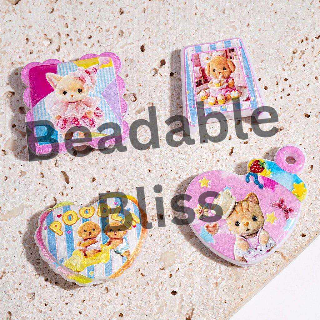 Acrylic Beads and Pendants Cartoon Animal Characters Series, Dog Cat Rabbit, Random Mix