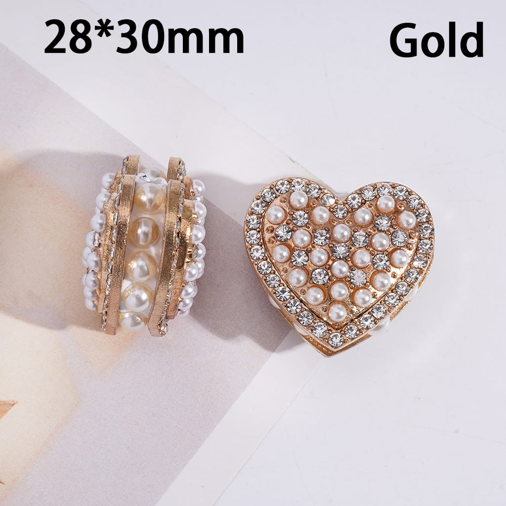 Gold & Silver Alloy Heart Clay Beads with Clear Rhinestones & White Pearls 28*30 MM