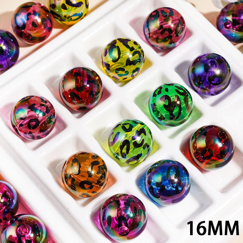 Transparent Leopard Print Round Acrylic Beads, 16MM, Multi-Color Random Mix
