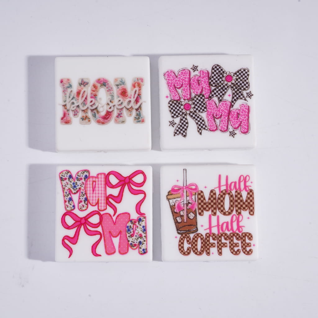 Pink Mom Themed Flat Square Shapes Silicone Focal Beads Random Mix