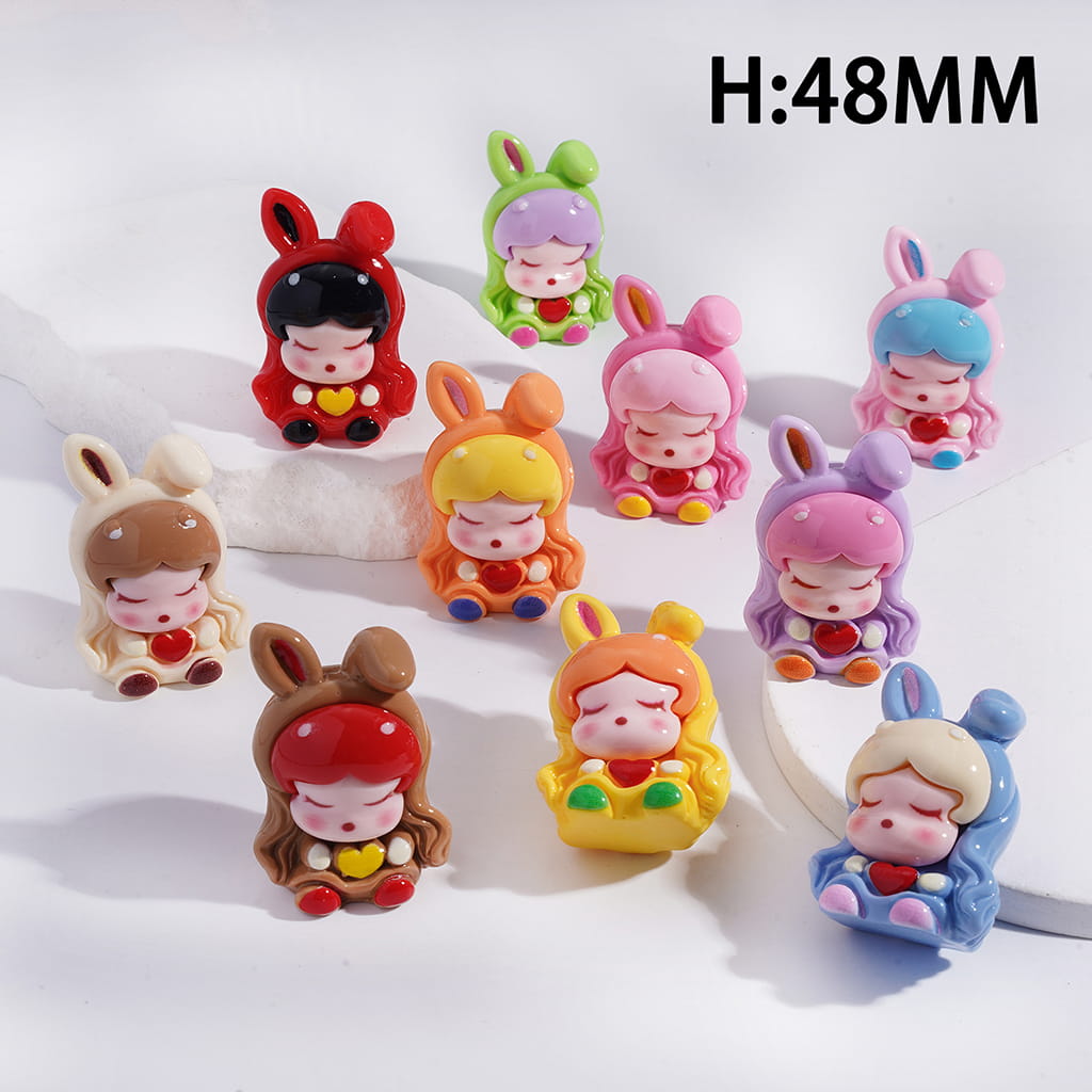 Sleeping Bunny Girl with Red Heart Acrylic Figurine Height 48MM, No Hole, Random Mix