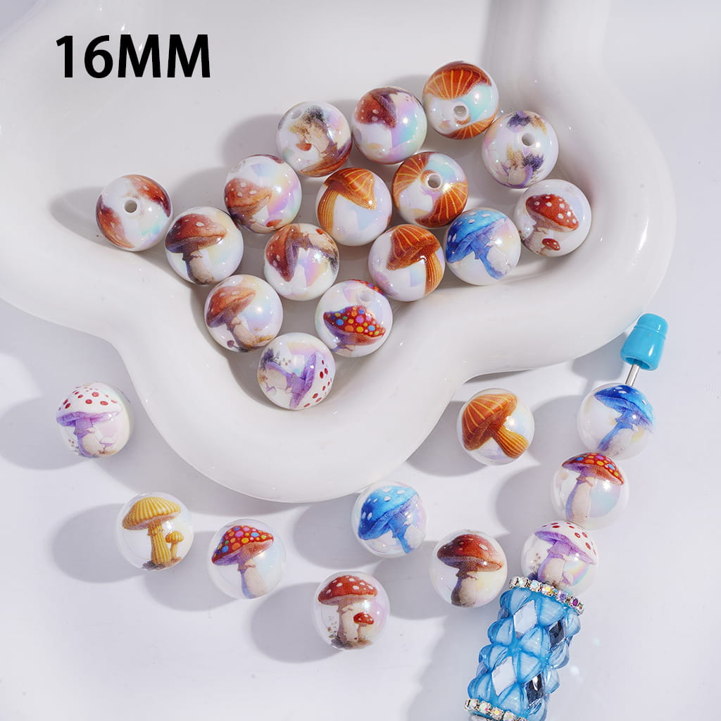 UV Coating Mushroom Pattern Round Acrylic Bracelet Beads 16MM Random Mix