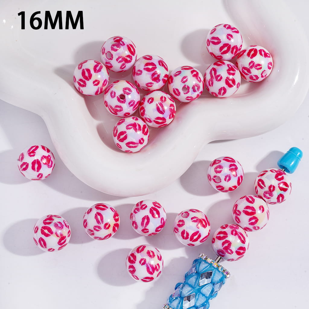 Rose Red Lip Print Round Acrylic Bracelet Beads 16MM