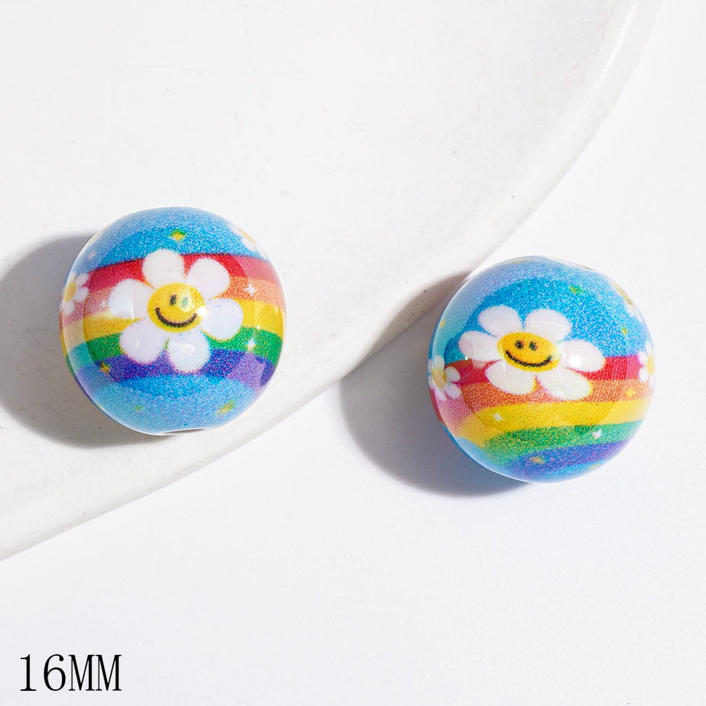 UV-Finished Smiling Daisy Flower & Rainbow Print Round Blue Acrylic Beads for DIY Bracelets and Necklets, 16MM