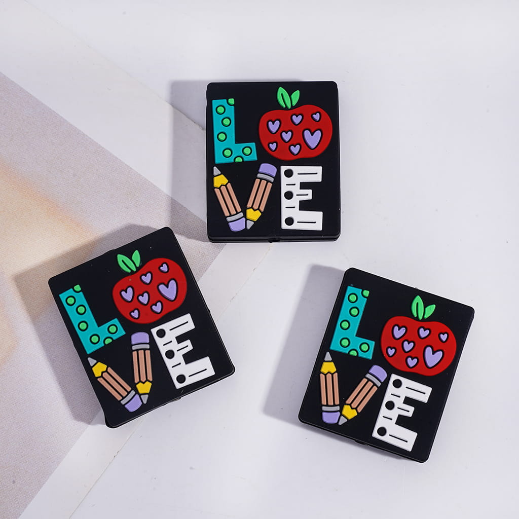 Flat Square Shape Silicone Focal Beads with Text "LOVE" Composed Apple Pen