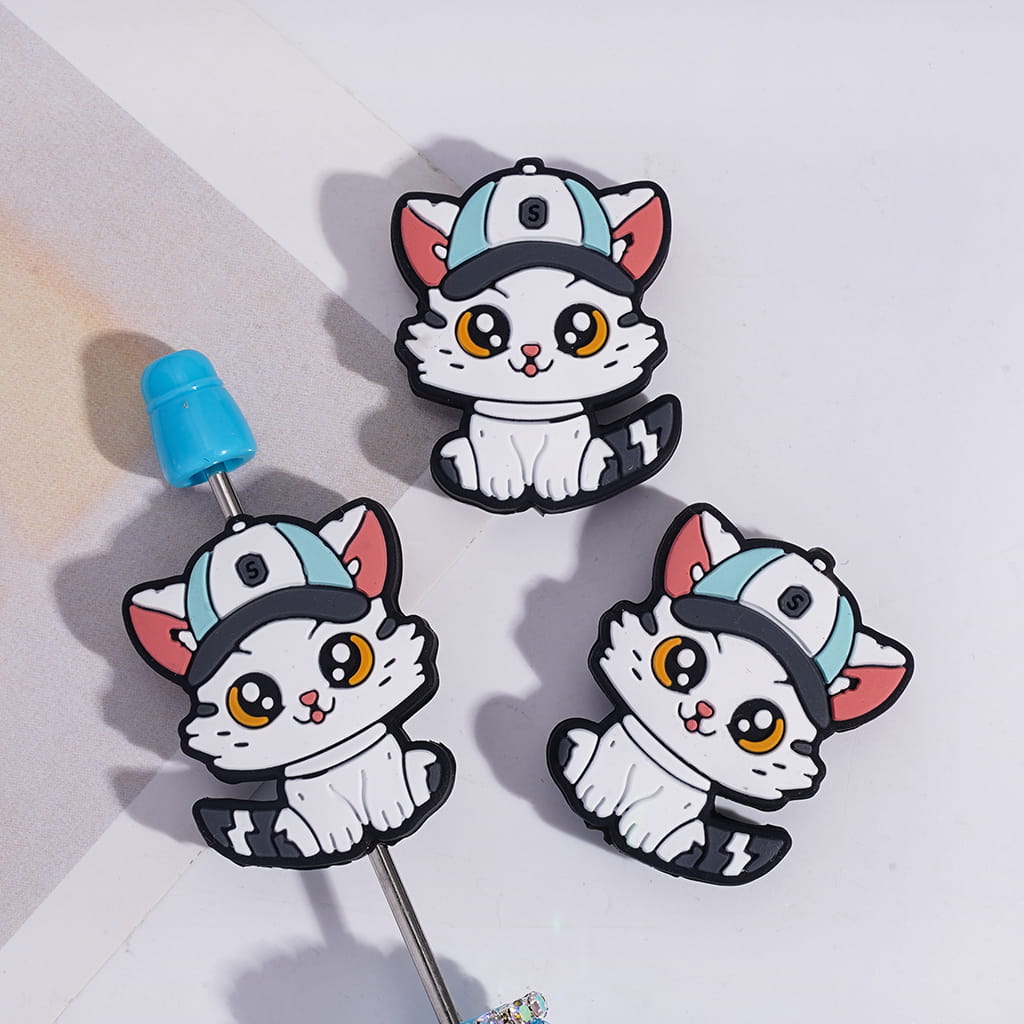Cute Kitty with Baseball Cap Silicone Focal Beads