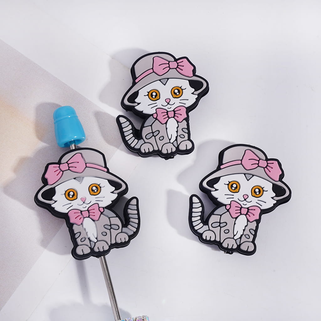 Elegant Kitty with Gray Hat & Pink Bow Silicone Focal Beads