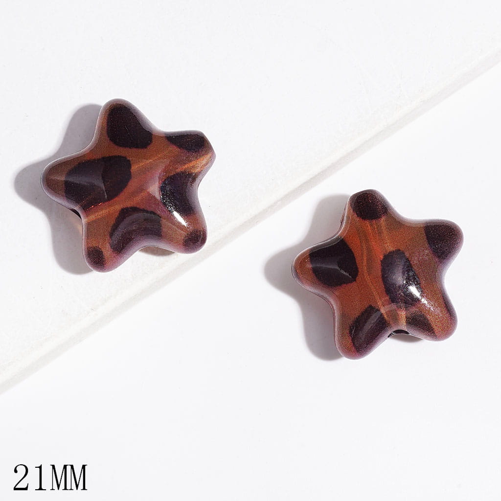 Wild Leopard Black Spots Print Pattern Red Brown Star Shaped Acrylic Beads for DIY Bracelets, 21MM
