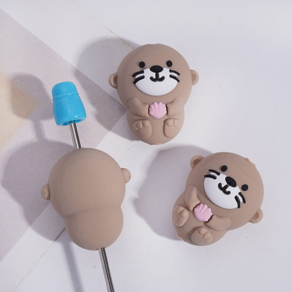3D Cute Ocean Charm Sea Otter Holding Pink Shell Silicone Focal Beads