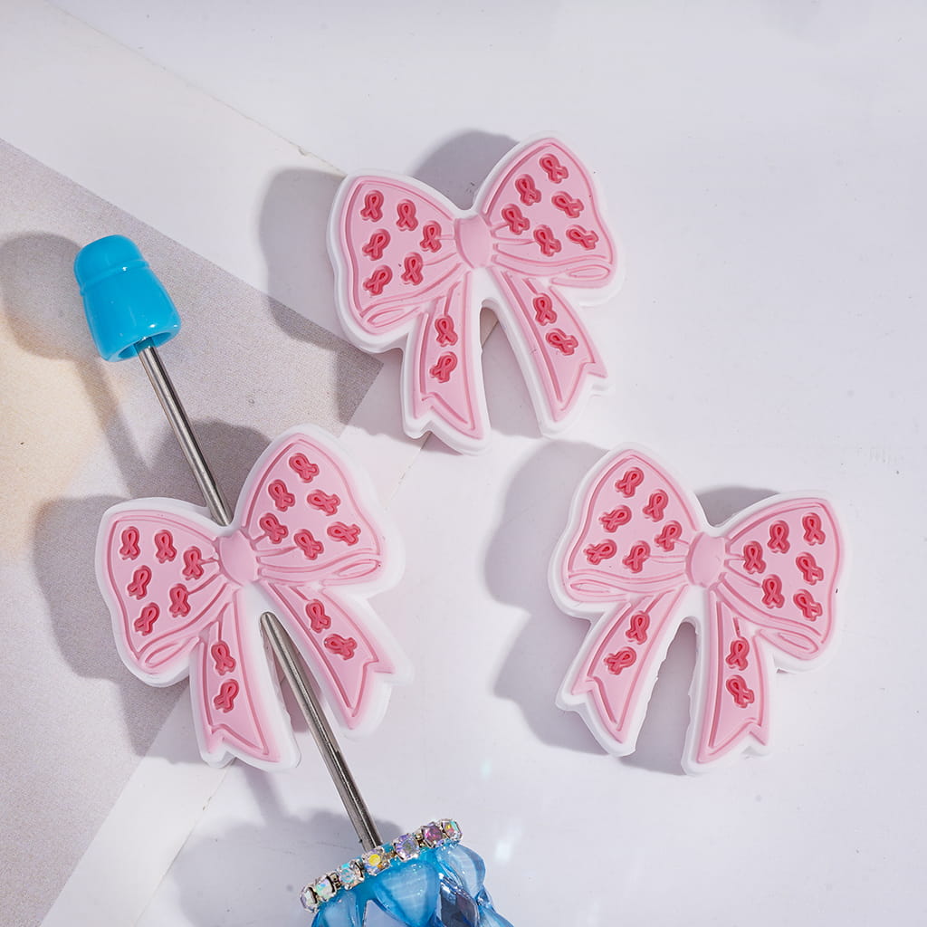 Pink Bowtie with Rose Pink Health Ribbon Patterns Silicone Focal Beads