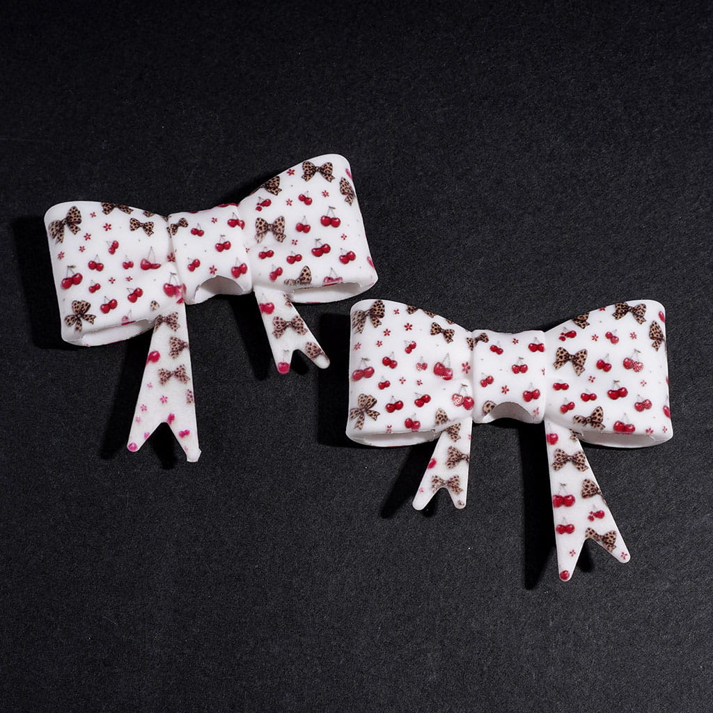 UV-Printed Leopard Print Bowtie & Cherry Pattern Soft Bow-Shaped Silicone Focal Beads, 53*59MM