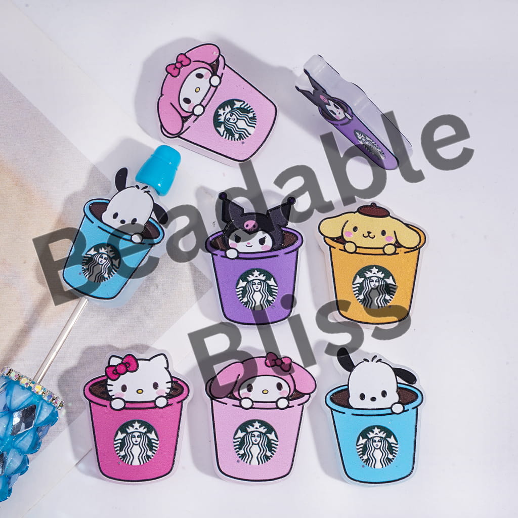 Acrylic Beads Coffee Cup with Adorable Character Prints Series, Translucent, Random Mix