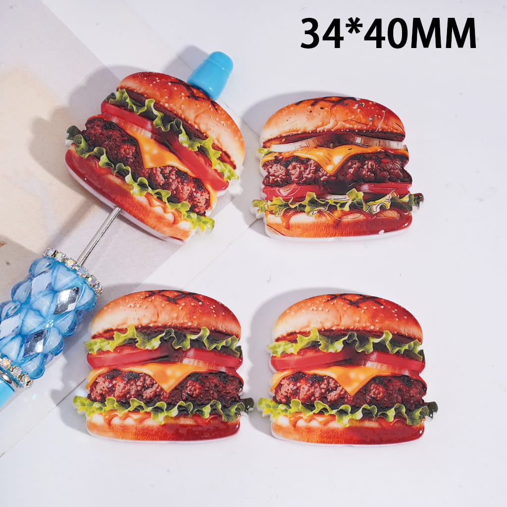 American-Style Beef Burger Design Print Acrylic Beads 34*30MM