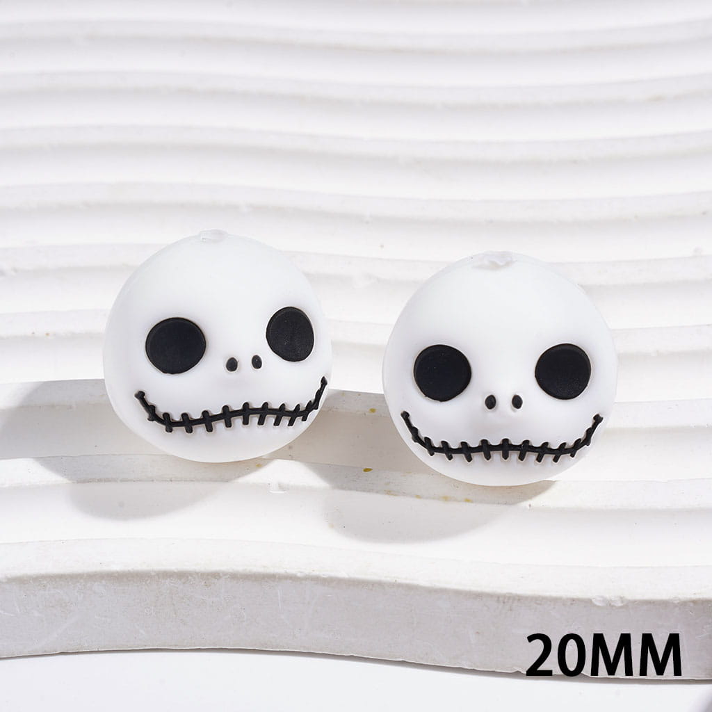 3D Halloween Horror Stitched Skull Face Design Spherical Round Silicone Focal Beads, 20MM, Red & White