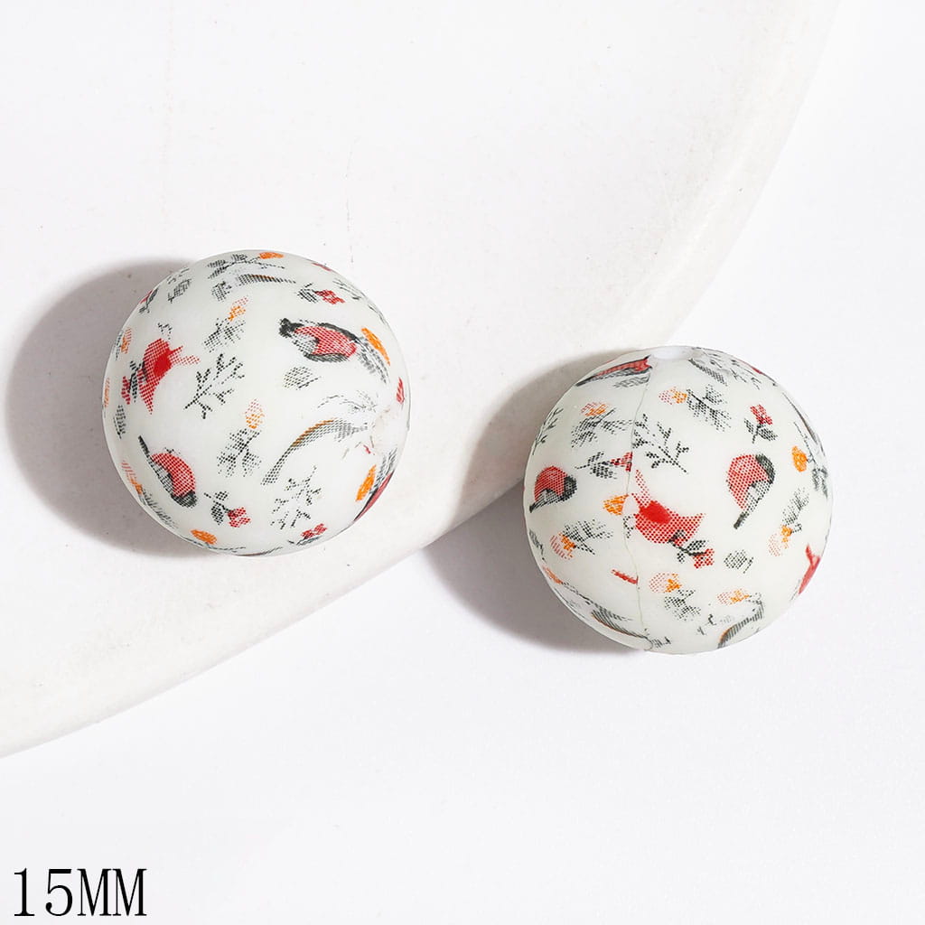 Adorable Floral Design with Red Bird Printed Round Silicone Beads for DIY Bracelets, 15MM