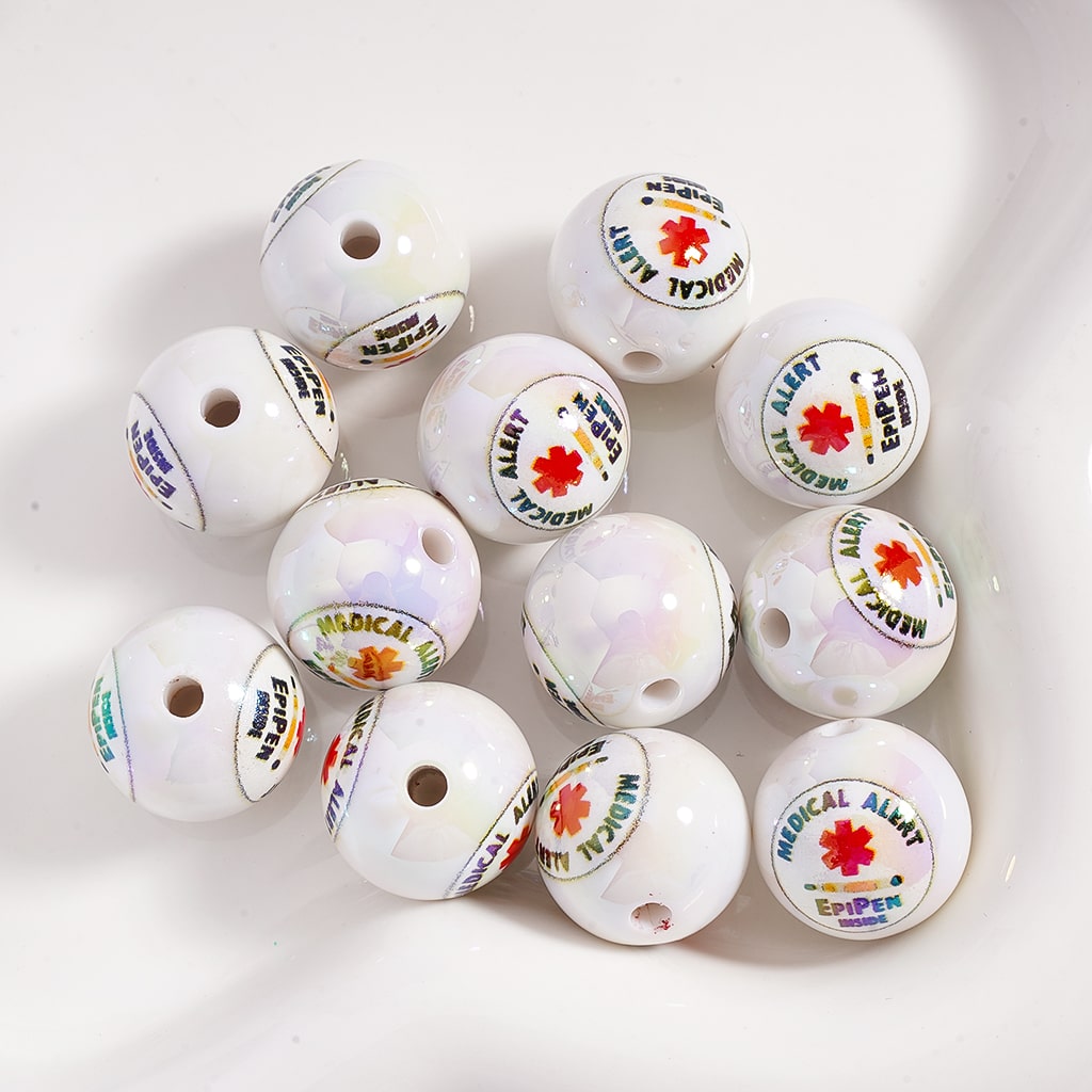 UV Coated White Medical Alert Diabetes Epilepsy Series with UV Finish Acrylic Beads 16mm Round