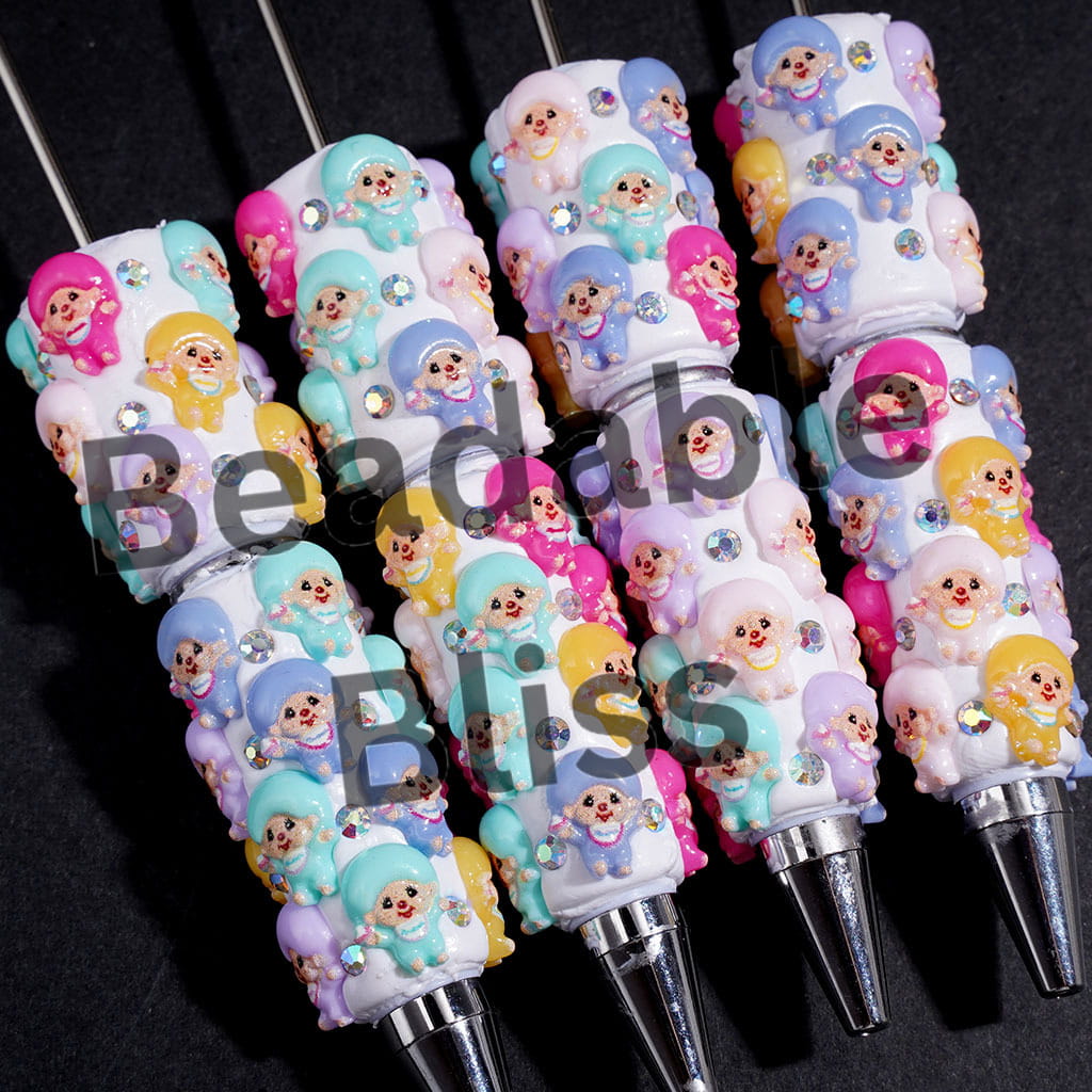 Beadable Clay Pens with AB Rhinestones and Monkey Doll in Macaron Colors