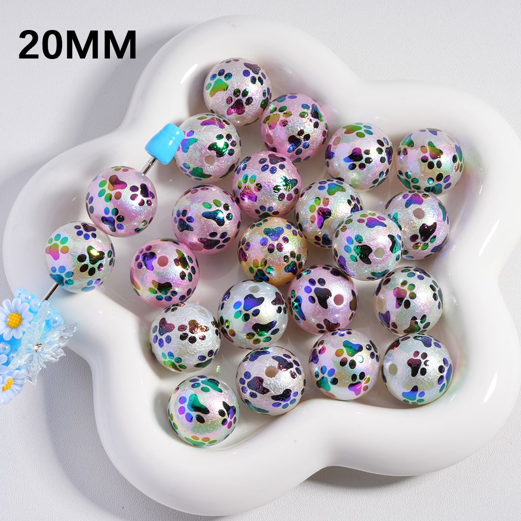 UV Coating Cute Paw Prints Multi Color Acrylic Beads 20MM Random Mix