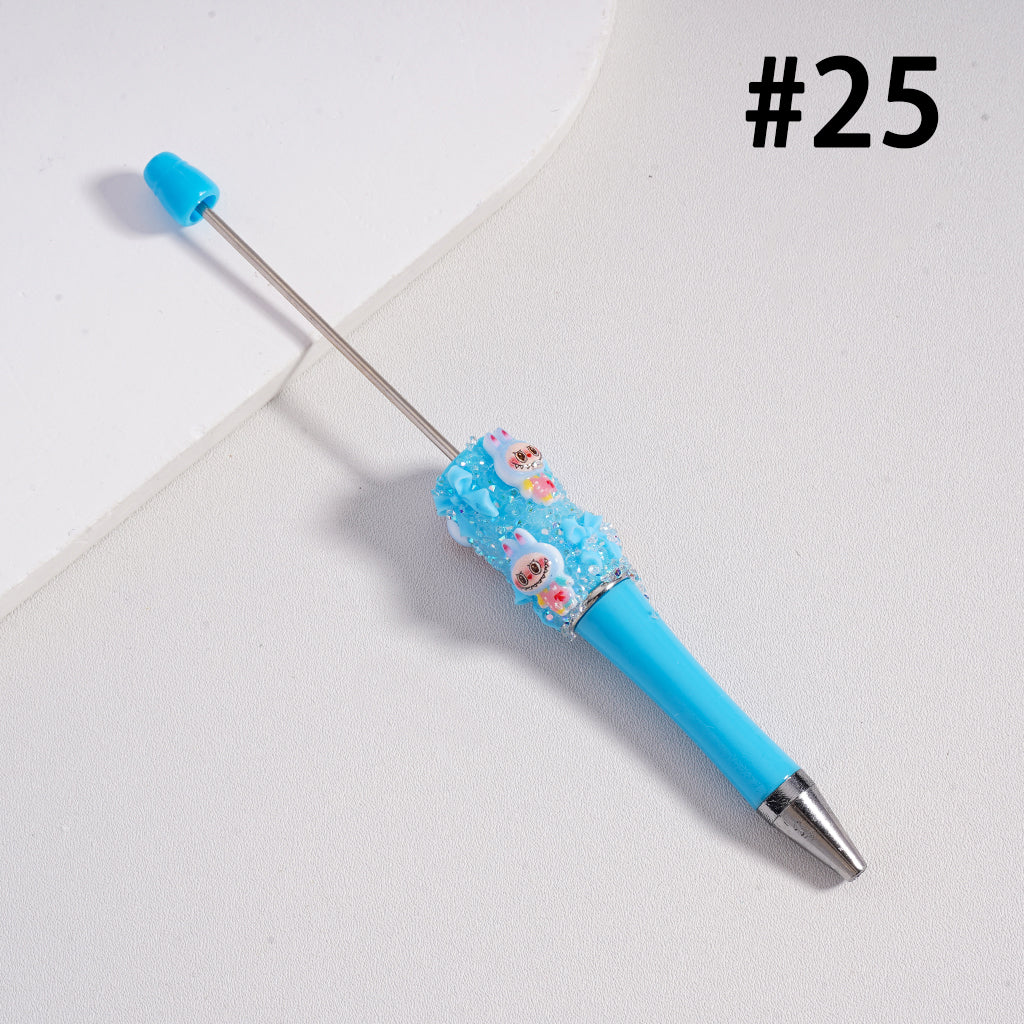 Beadable Pen with Cute Collectible Monster Doll Pop Mar Glitter Bowtie Shiny Pearls Clear Sugar in Solid Color