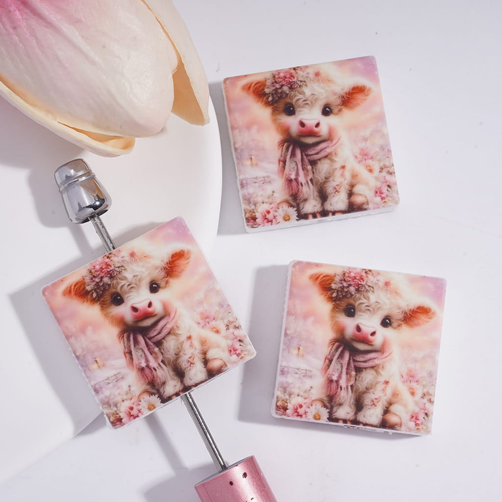 Cute Highland Cow Wearing Flowers Garland Pastel Pink, Flat Square Shape Silicone Focal Beads