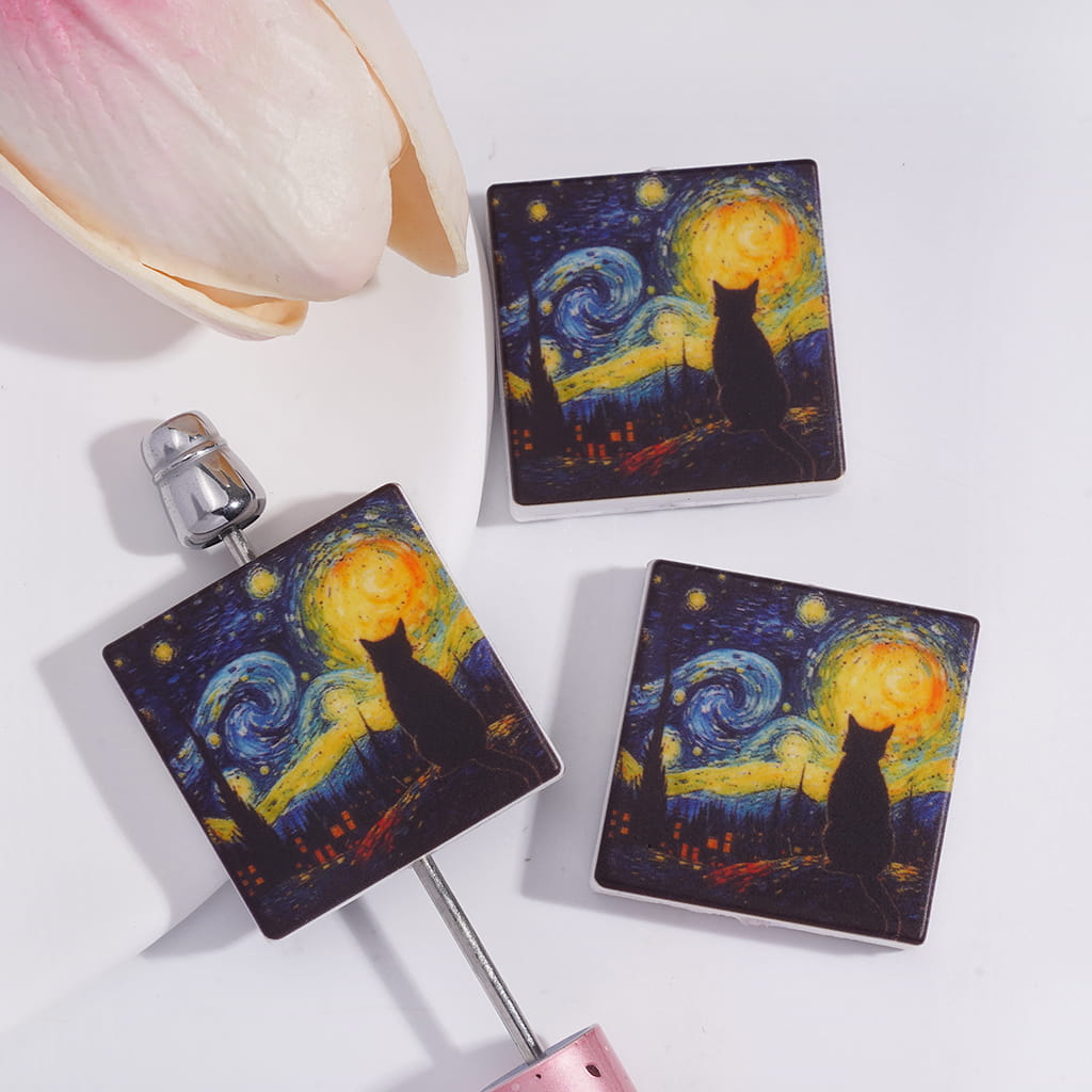 Impressionist Painters Works Black Cat Under Star Night, Flat Square Shape Silicone Focal Beads