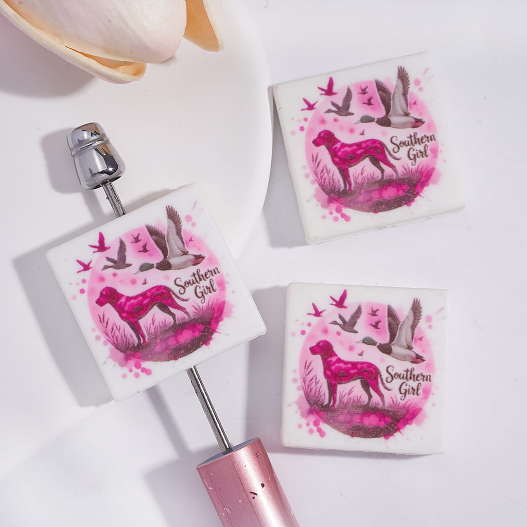 Pink Dog and Swan Goose, Flat Square Shape Silicone Focal Beads