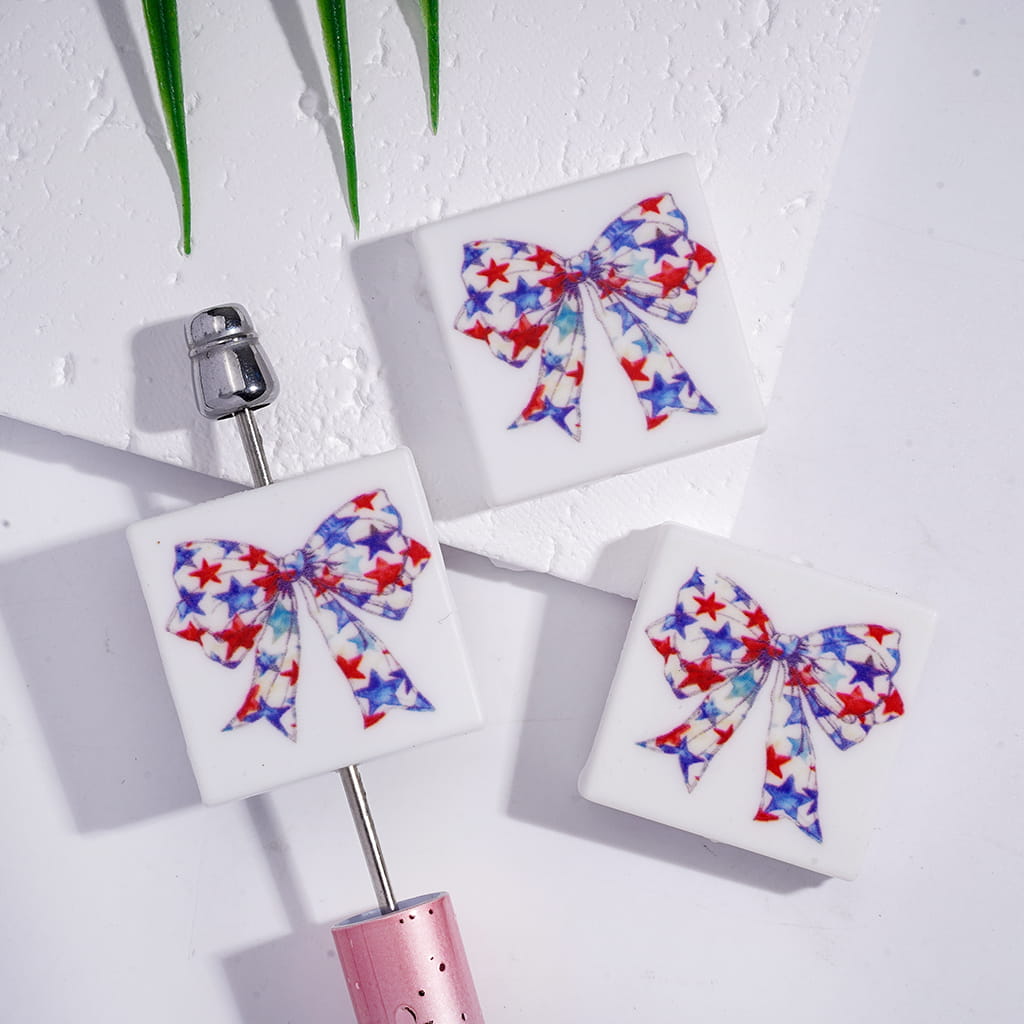 Red Blue White Star Patterns in Bowknot, Flat Square Shape Silicone Focal Beads
