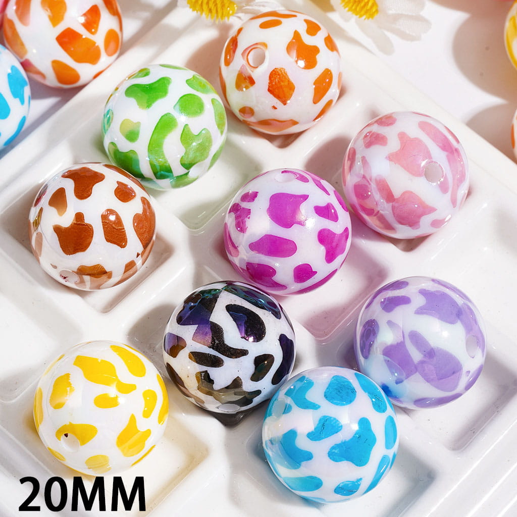 UV Coating Acrylic Beads for Bracelets with Milk Cow Patterns Series, 20MM Multi Colors Random Mix