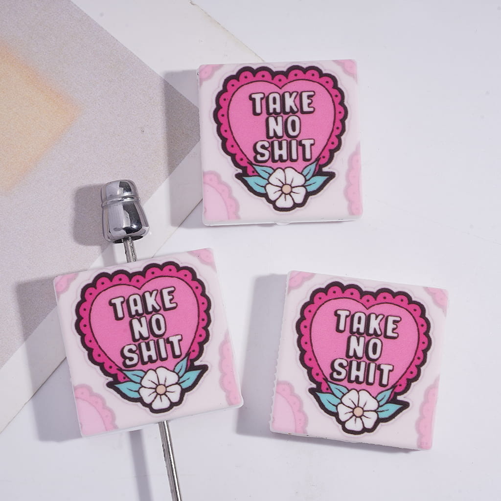 Flat Square Shape Silicone Focal Beads with Text "TAKE NO HUMOR" on Lace Heart