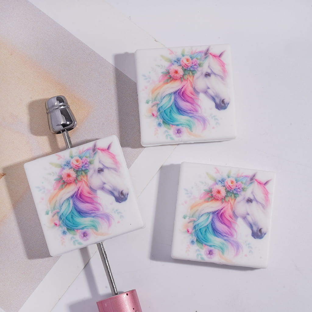 Pastel Pony Unicorn in Colorful Mane Print on Flat Square Shape Silicone Focal Beads