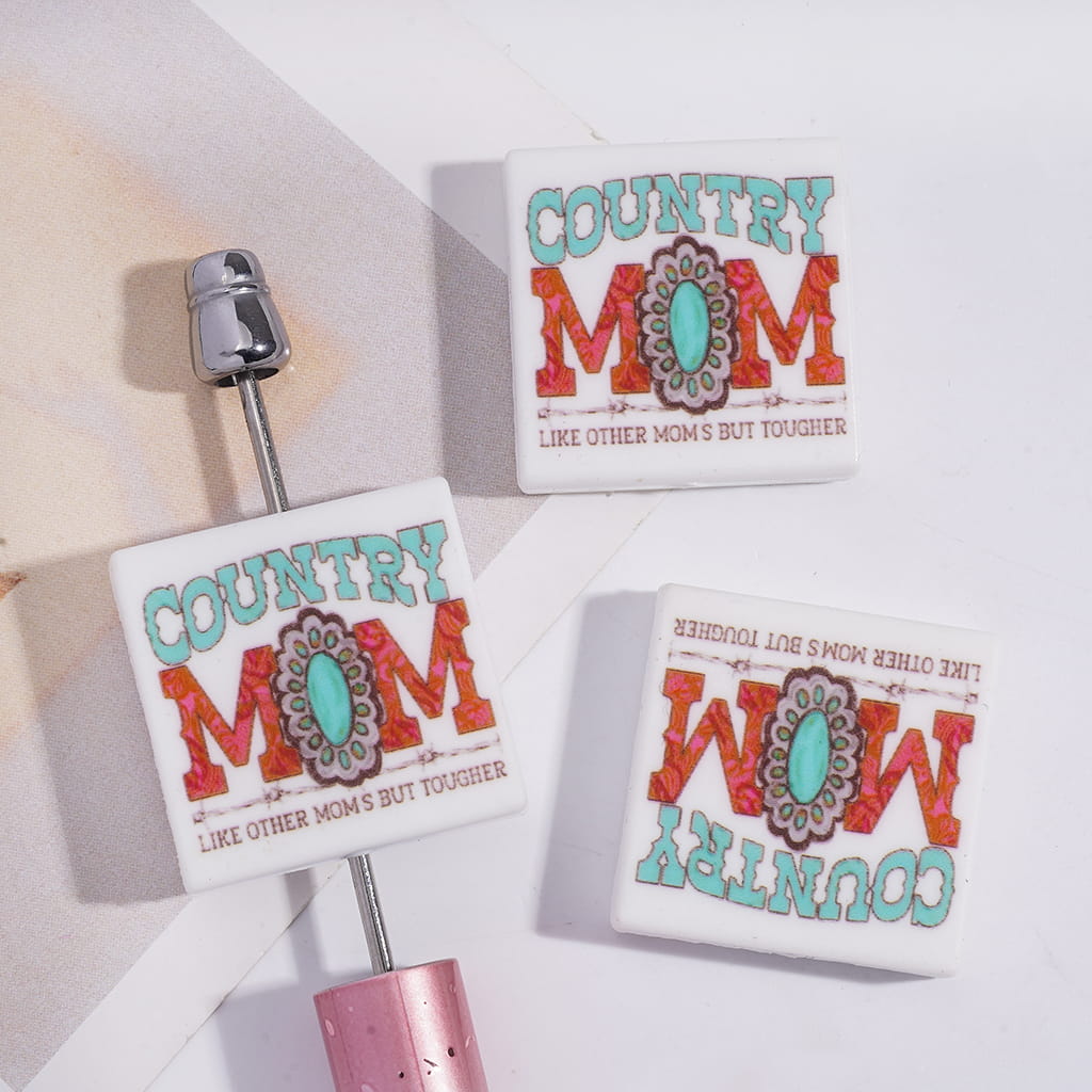 Flat Square Shape Silicone Focal Beads Print with Text "COUNTRY MOM LIKE OTHER MOM BUT TOUGHER" and Turquoise Gemstone