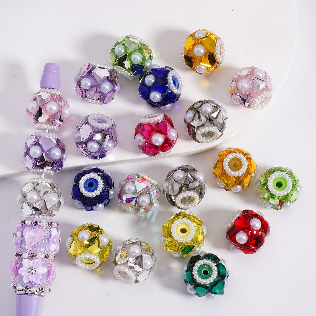 Shiny Diamond Shaped with Rhinestones & White Pearls Acrylic Beads 16mm Multi Color Mix