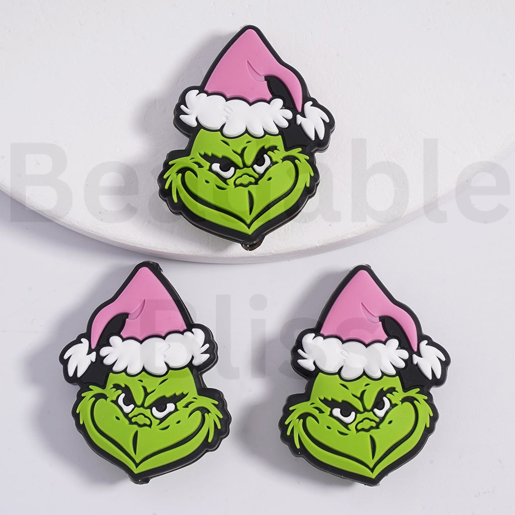 Holiday Mischievous Green Monster with Red Christmas Hat Silicone Focal Beads