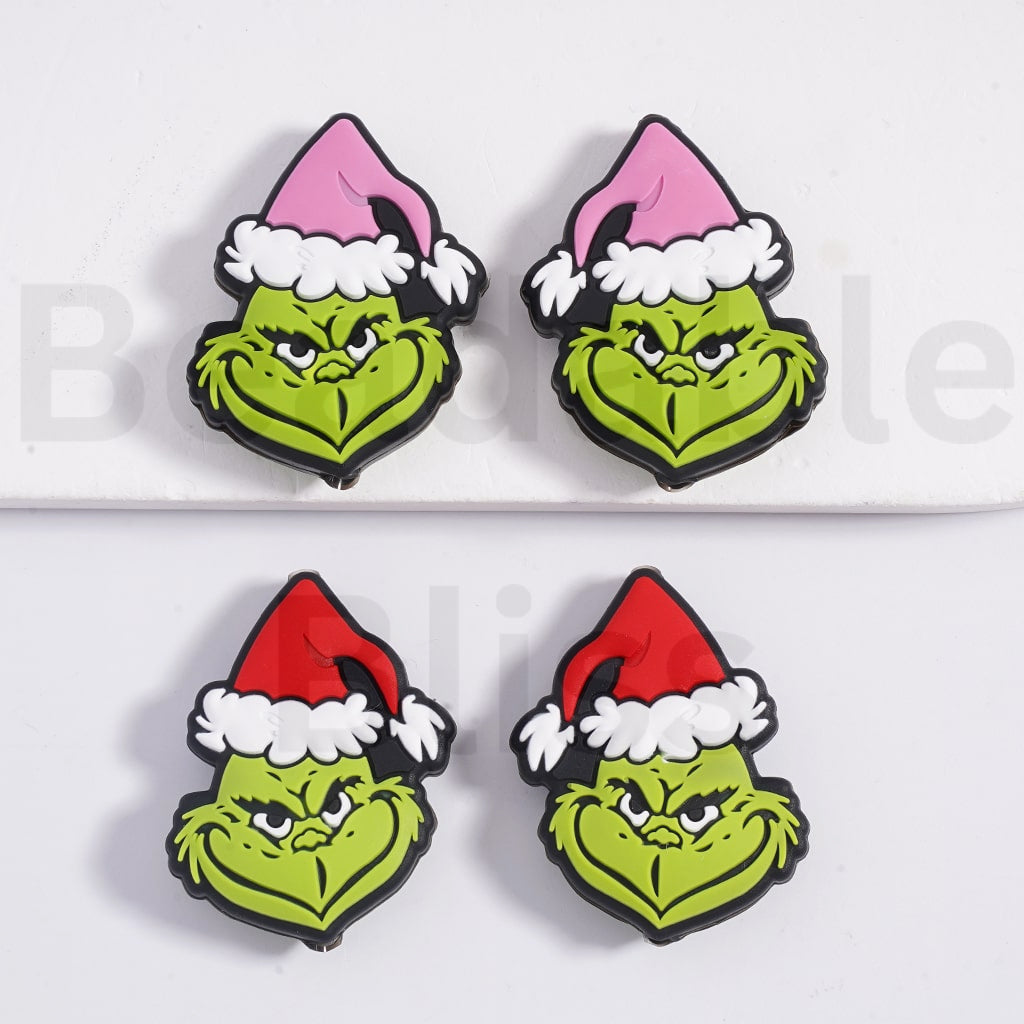 Holiday Mischievous Green Monster with Red Christmas Hat Silicone Focal Beads
